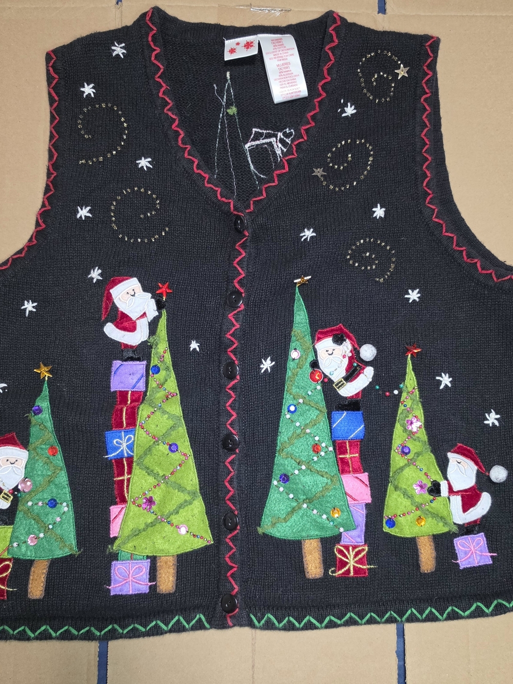 Vintage Holiday Editions Christmas Cardigan Vest Plus Size 1X 16W Black Knit